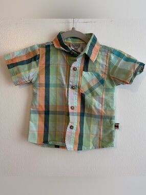 Dapper Dude Boys Mint & Orange Plaid Button-Up Shirt Lightweight size 12 months